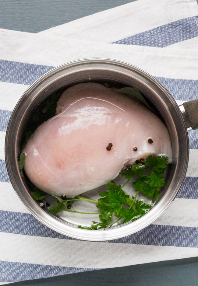 Poached chicken in 20 minutes. Great for lunchboxes, sandwiches or anywhere cooked chicken is needed.