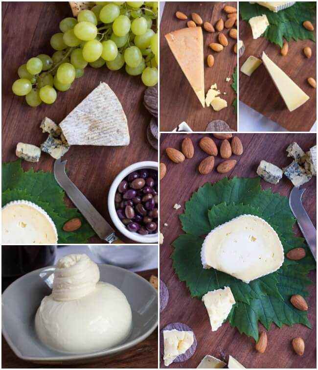 A montage of five different types of cheese for a cheese platter. The montage shows fresh, hard, semi-hard, soft and blue cheeses.