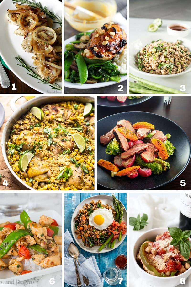A collage of eight chicken & duck healthy 30 minute meals 