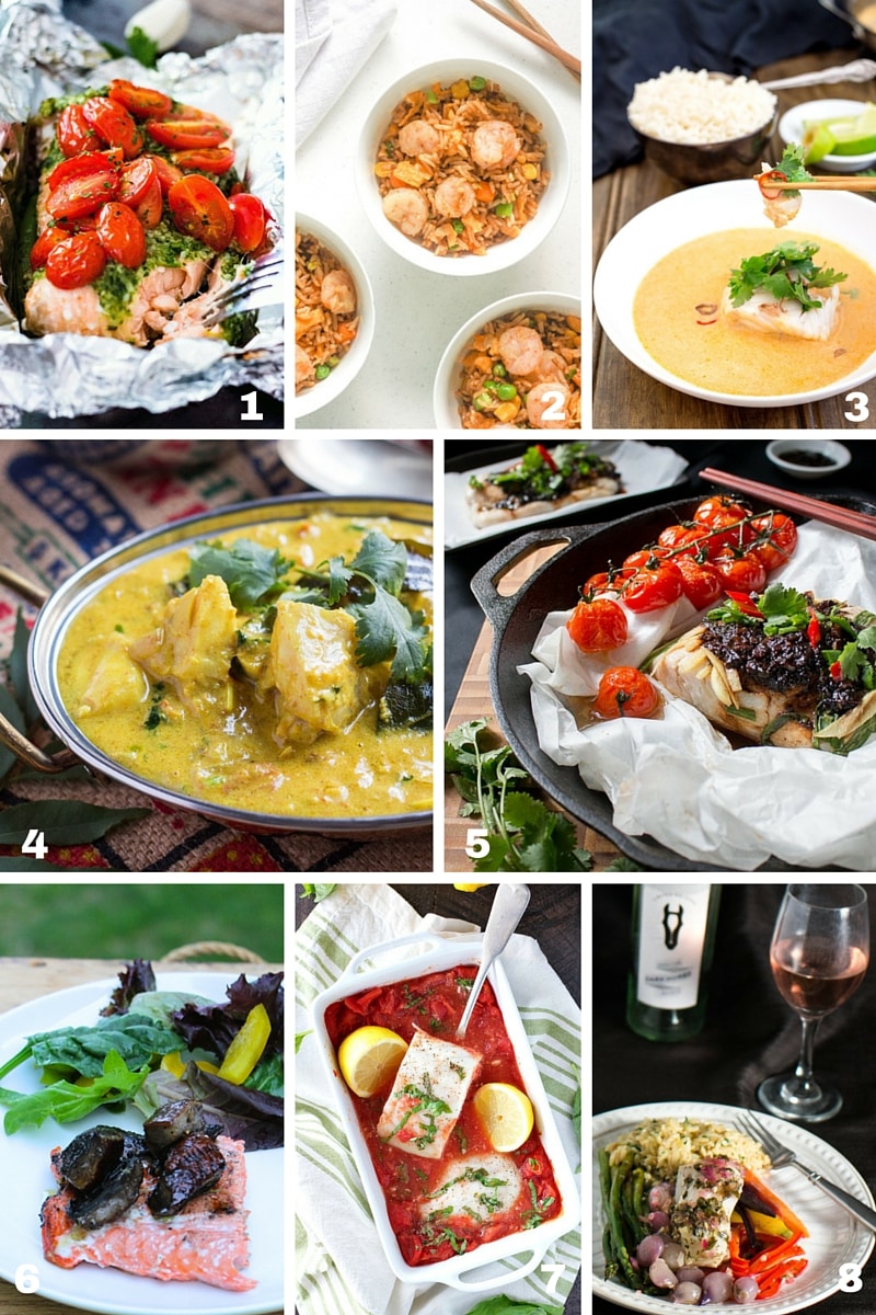 A collage of eight seafood healthy 30 Minute Meals. 