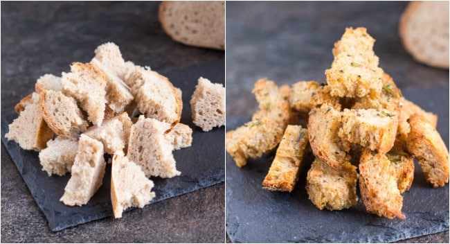 A collage image of what to do with stale bread showing bread chunks in one image and herby sourdough croutons in the other.  