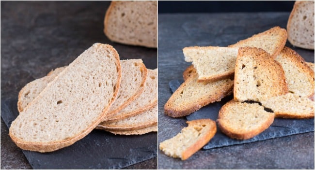 Two images of sourdough crackers made from stale sourdough baguette. The first image shows fresh sliced bread & the second shows baked crackers.  