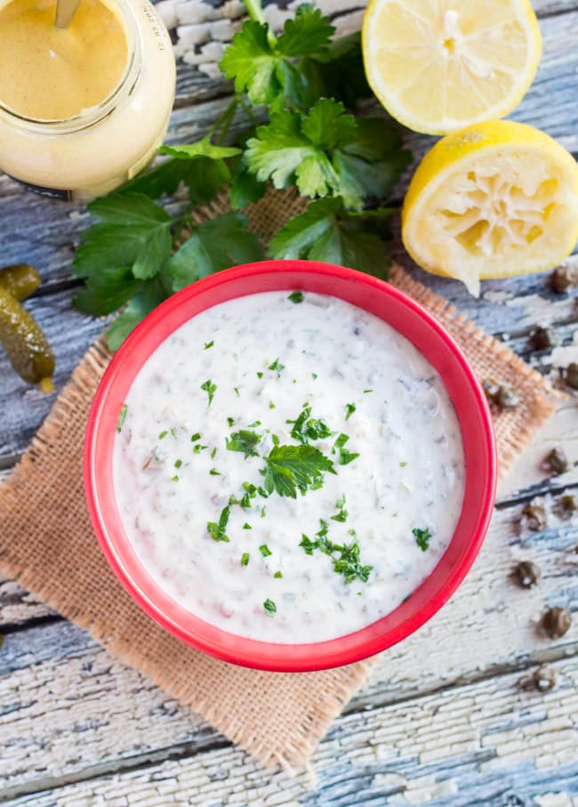 A Lighter Tartare Sauce.  With yoghurt as the base, this sauce can be whipped up quickly using store cupboard ingredients.
