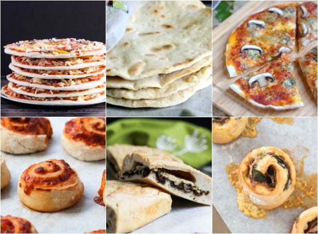 Collage image of different recipes that can be made with no knead artisan bread dough.   