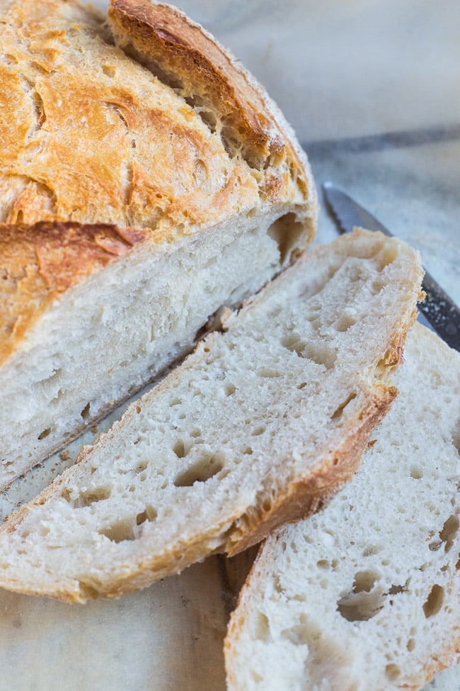 A close up view of a slice of 5 minute bread showing the crumb structure. 