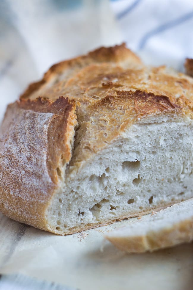 A close up shot of the cut surface of a loaf of artisan bread showing the crumb structure of the loaf. 