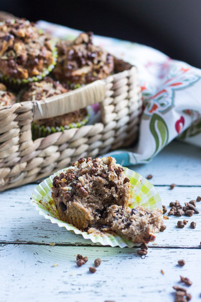 Banana & Cocoa Nib Muffins.  Naturally sweetened with banana, and a great crunchy hit from the cocoa nibs. | thecookspyjamas.com