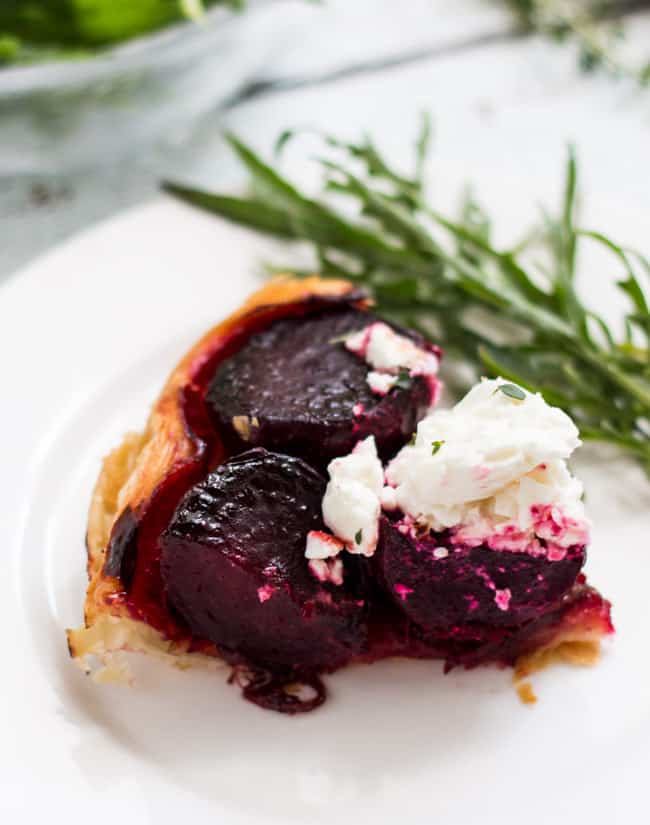 Beetroot & Feta Tarte Tartin.  Most of the preparation for this simple vegetarian meal can be done in advance, so dinner can be pulled together quite quickly. 