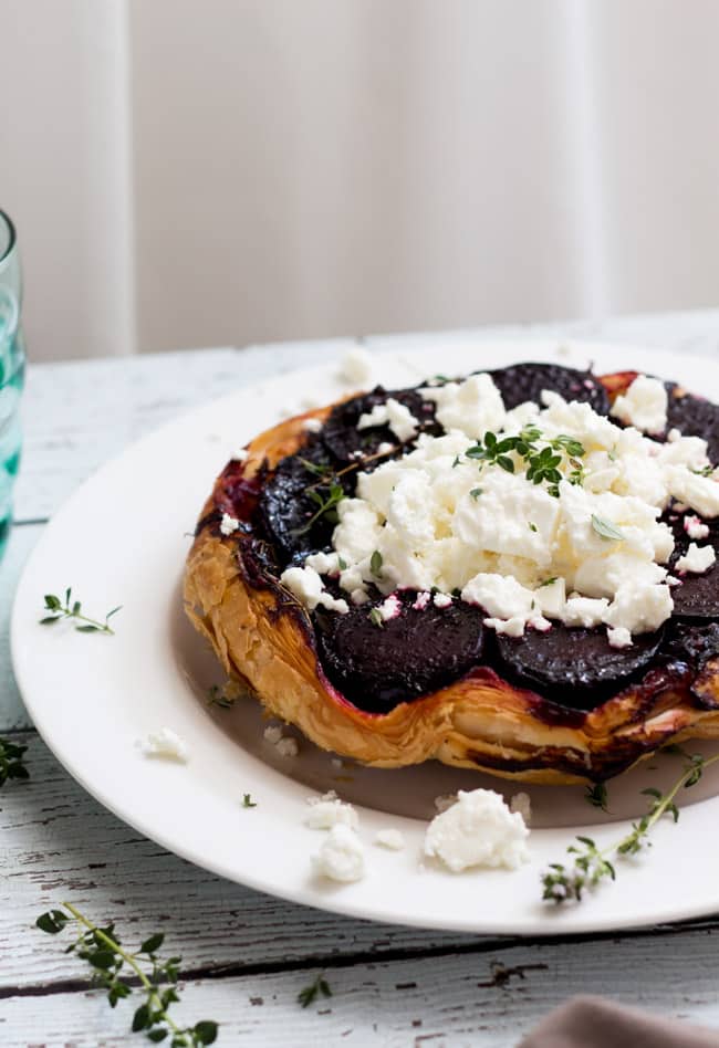 Beetroot & Feta Tarte Tartin.  Most of the preparation for this simple vegetarian meal can be done in advance, so dinner can be pulled together quite quickly. 