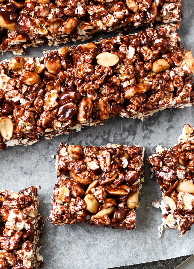 Chocolate & Peanut Popcorn Marshmallow Slice.  A quick & easy slice, full of wholegrain popcorn and homemade chocolate marshmallows.