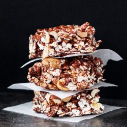 Chocolate & Peanut Popcorn Marshmallow Slice. A quick & easy slice, full of wholegrain popcorn and homemade chocolate marshmallows.