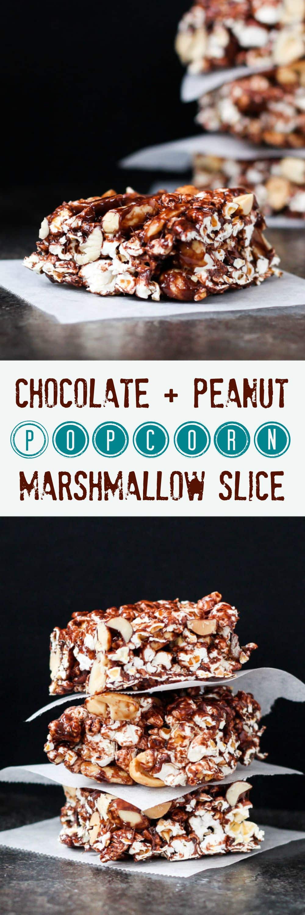 Chocolate & Peanut Popcorn Marshmallow Slice.  A quick & easy slice, full of wholegrain popcorn and homemade chocolate marshmallows.