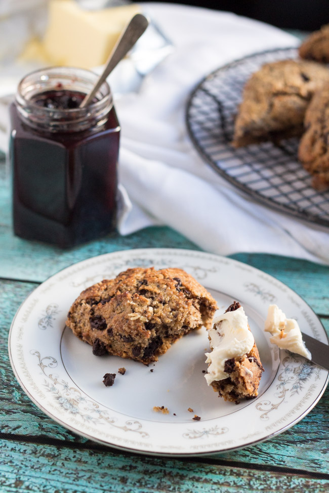 Chocolate and Almond Scones.  Great to keep in the freezer for a quick dessert. | thecookspyjamas.com