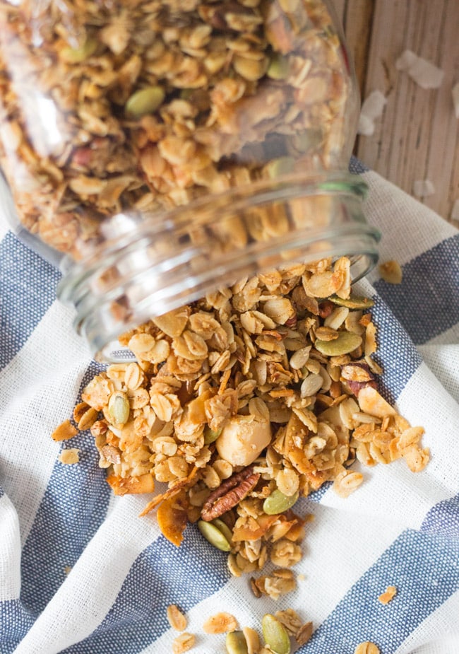 Coconut Macadamia Granola.  Packed full of wholegrains, nuts. seeds & coconut.  Perfect for a sustaining breakfast.