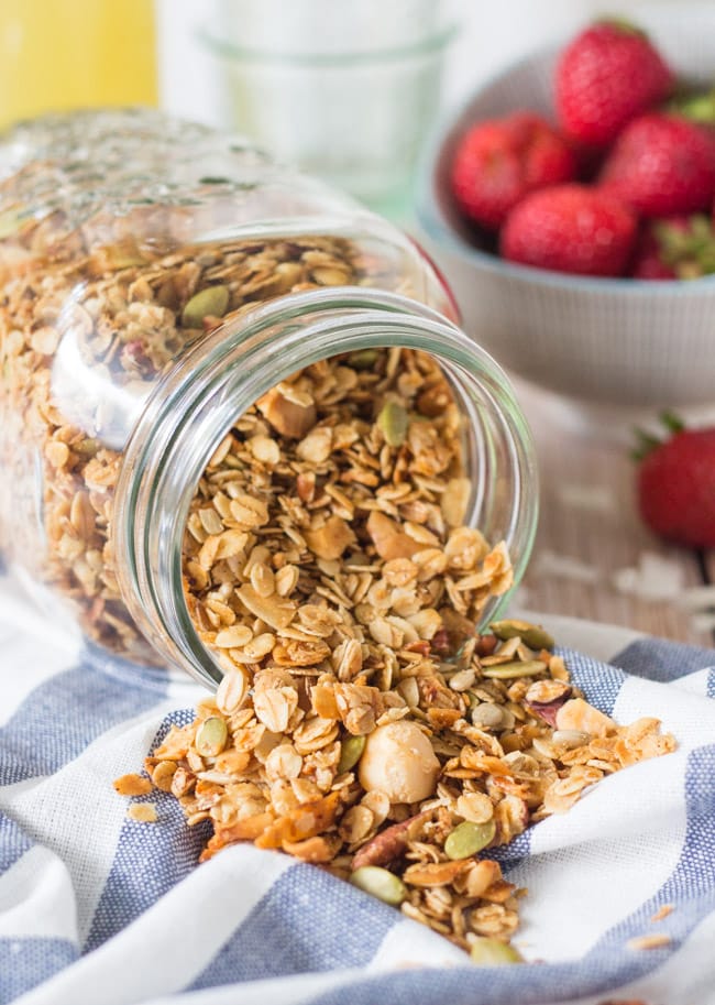 Coconut Macadamia Granola.  Packed full of wholegrains, nuts. seeds & coconut.  Perfect for a sustaining breakfast.