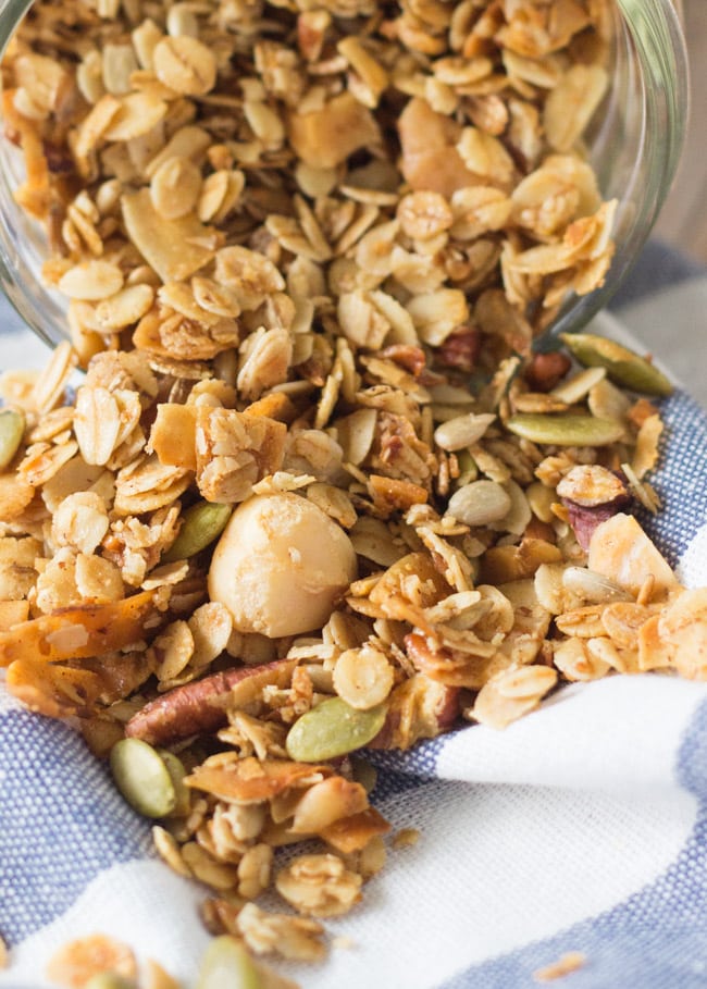 Coconut Macadamia Granola.  Packed full of wholegrains, nuts. seeds & coconut.  Perfect for a sustaining breakfast.