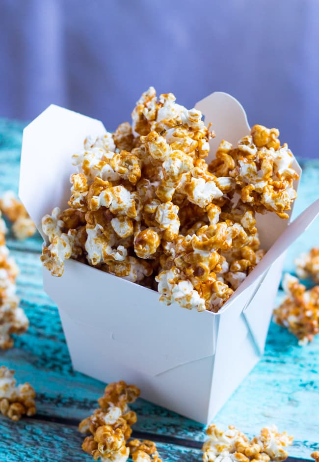 Coconut Maple Caramel Popcorn.  The caramel is made with unrefined sugars, yet is just as moreish as any made with white sugar. 