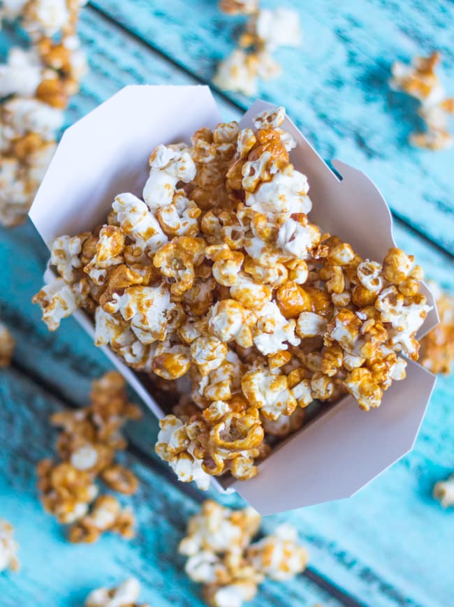 Coconut Maple Caramel Popcorn.  The caramel is made with unrefined sugars, yet is just as moreish as the real deal. 