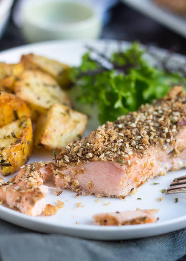 Dukkah-Spiced Baked Salmon Fillets. Simple enough for a quick mid-week meal, yet fancy enough to serve to company