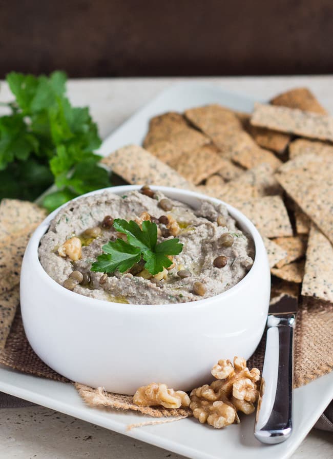 Easy Walnut & Lentil Dip. Dairy-free, gluten free and vegan, this lentil dip makes a great snack served with piles of crackers or vegetable dippers.
