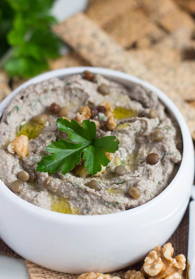 Easy Walnut & Lentil Dip. Dairy-free, gluten free and vegan, this lentil dip makes a great snack served with piles of crackers or vegetable dippers.
