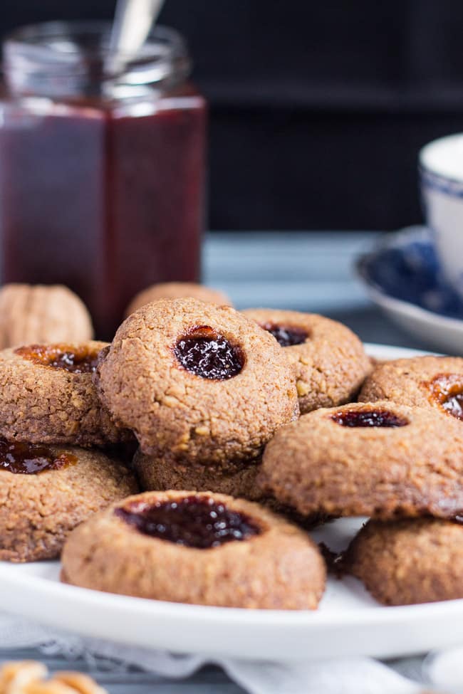 Gluten Free Thumbprint Cookies. These nutty, flavourful cookies, with their glorious jammy centre, are perfect for your next afternoon tea.