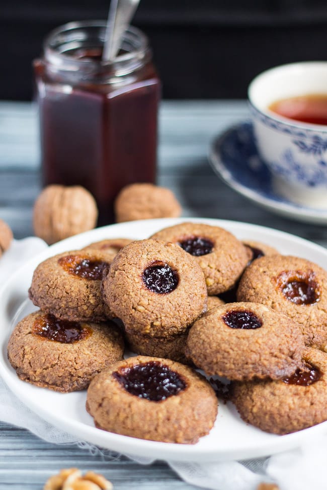 Gluten Free Thumbprint Cookies. These nutty, flavourful cookies, with their glorious jammy centre, are perfect for your next afternoon tea.
