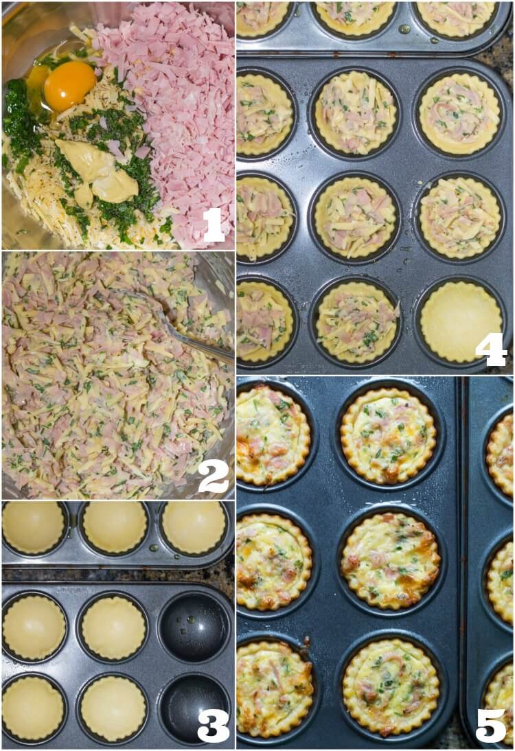Step by step process shots for making this mini quiche recipe.