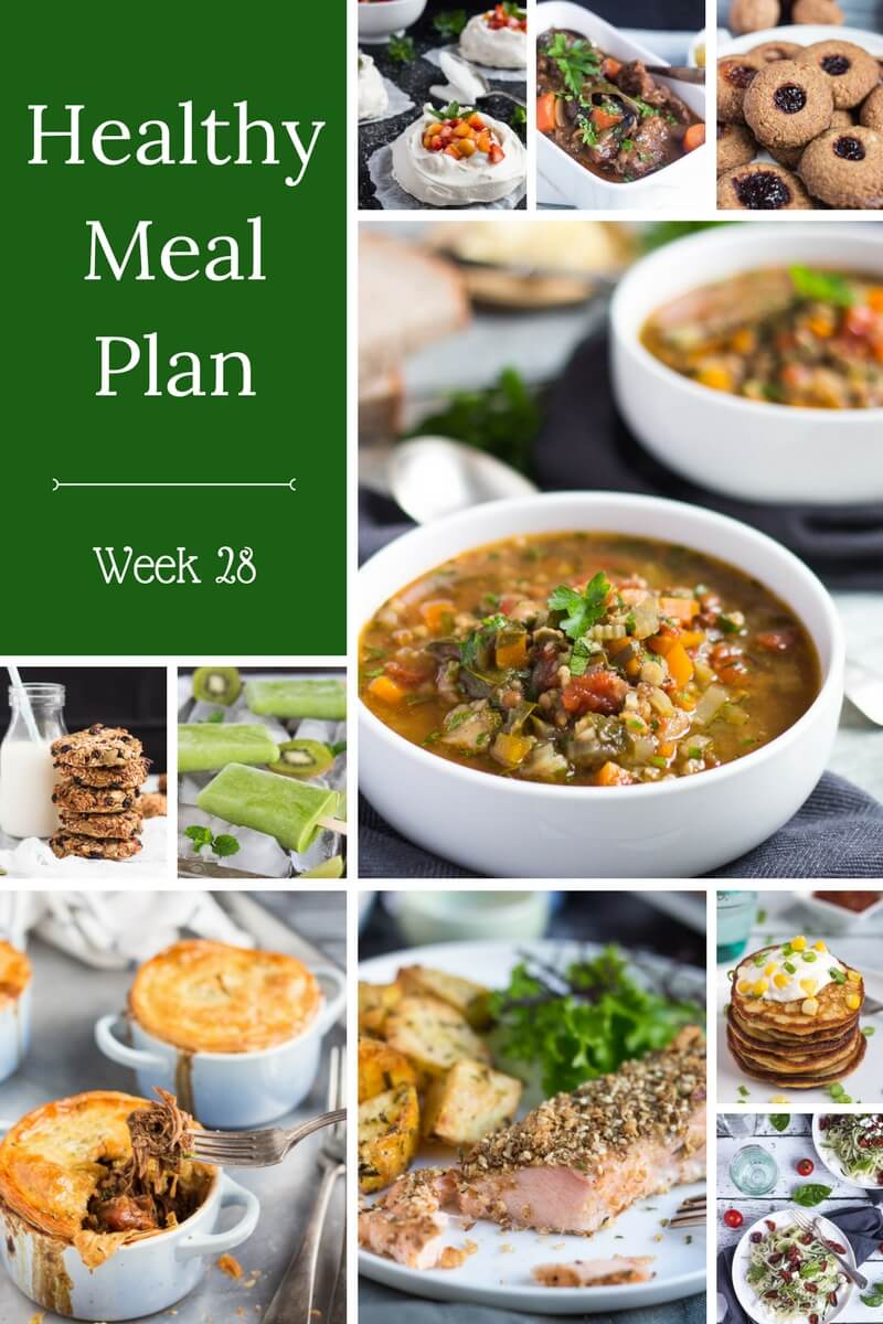Healthy Weekly Meal Plan - Week 28. Whip up a week of quick family meals with a chicken burrito bowl, cherry tomato pasta or pesto zucchini noodles. Add a tropical sweet potato on the side.