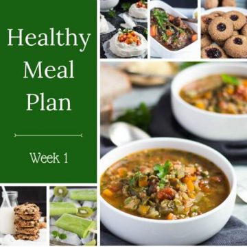 Healthy Weekly Meal Plan Week 1 2017. Includes a simple rice salad, roasted cauliflower mac & cheese, slow cooker chicken noodle soup and tandoori chicken.