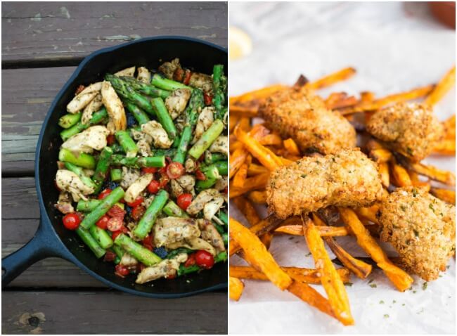 Quick healthy meals on the menu this week include vegan sweet potato chili, Thai spaghetti squash, pesto chicken & vegetables, & oven baked fish nuggets. 