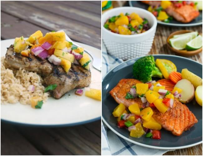 Healthy Weekly Meal Plan Week 21. Easy family dinner recipes sure to please everyone. Roasted beetroot salad, grilled chicken skewers, spiced pork chops & salmon with peach salsa. And pie.