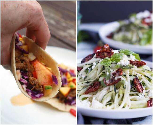 Healthy Weekly Meal Plan Week 24. The winter menu draws on freezer friendly meals, whilst the summer menu makes great use of seasonal produce. Try stuffed Asian peppers, ratatouille, pork tacos with corn nectarine salsa & chicken Alfredo lasagna roll-ups.