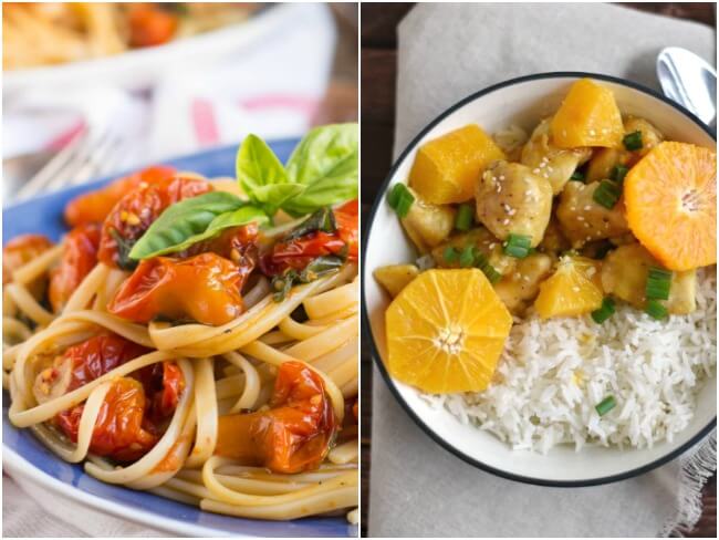 Healthy Weekly Meal Plan - Week 28. Whip up a week of quick family meals with a chicken burrito bowl, cherry tomato pasta or pesto zucchini noodles. Add a tropical sweet potato on the side.