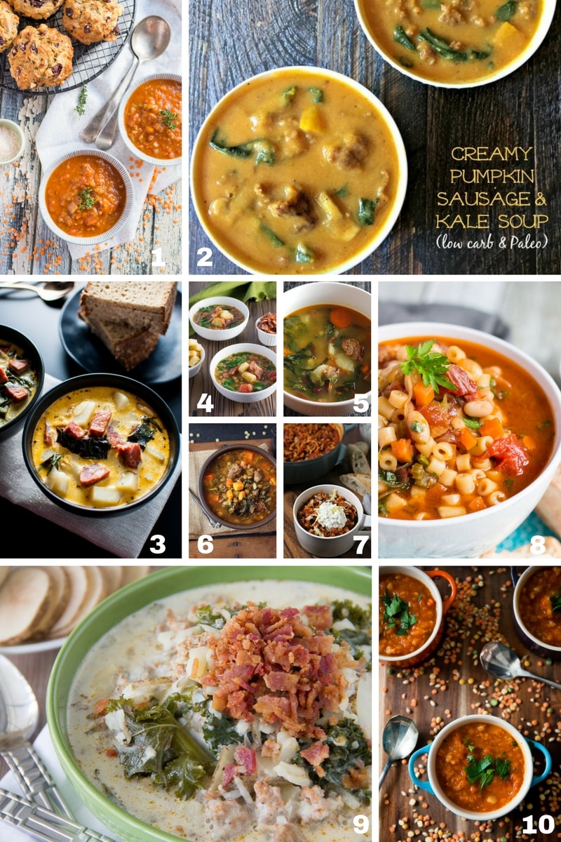 A collage image of the best hearty soups for winter featuring 10 different types of soups with sausage or bacon. 