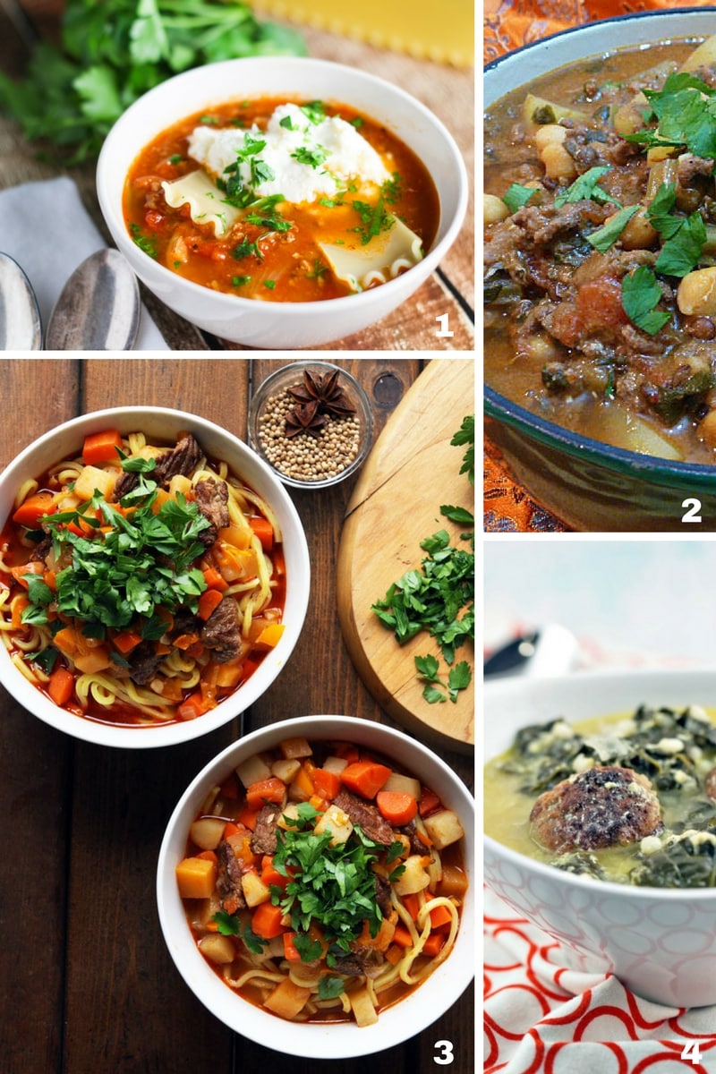 Collage image of four different types of hearty soups containing beef.