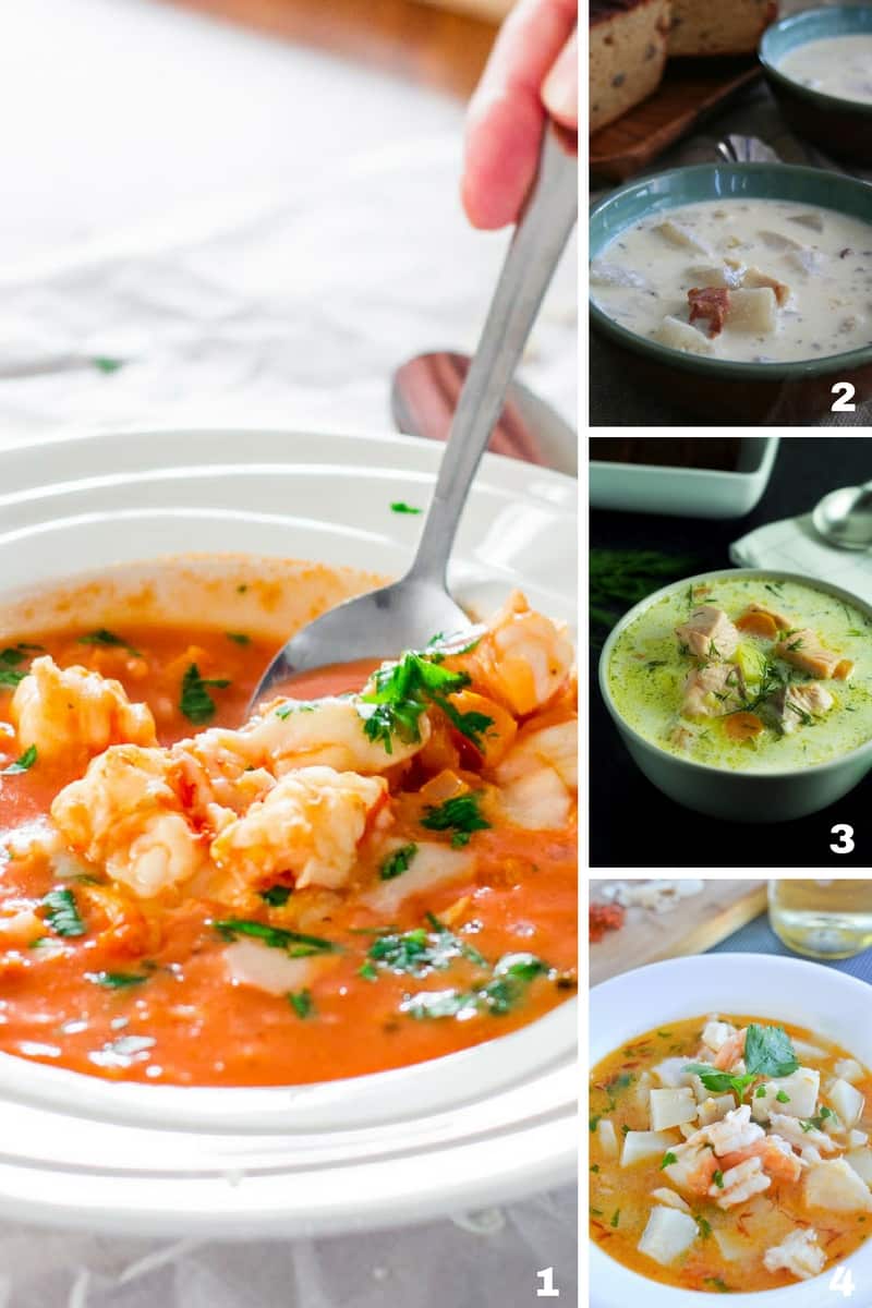 A collage of four different types of hearty soups featuring fish or seafood as the hero ingredient. 