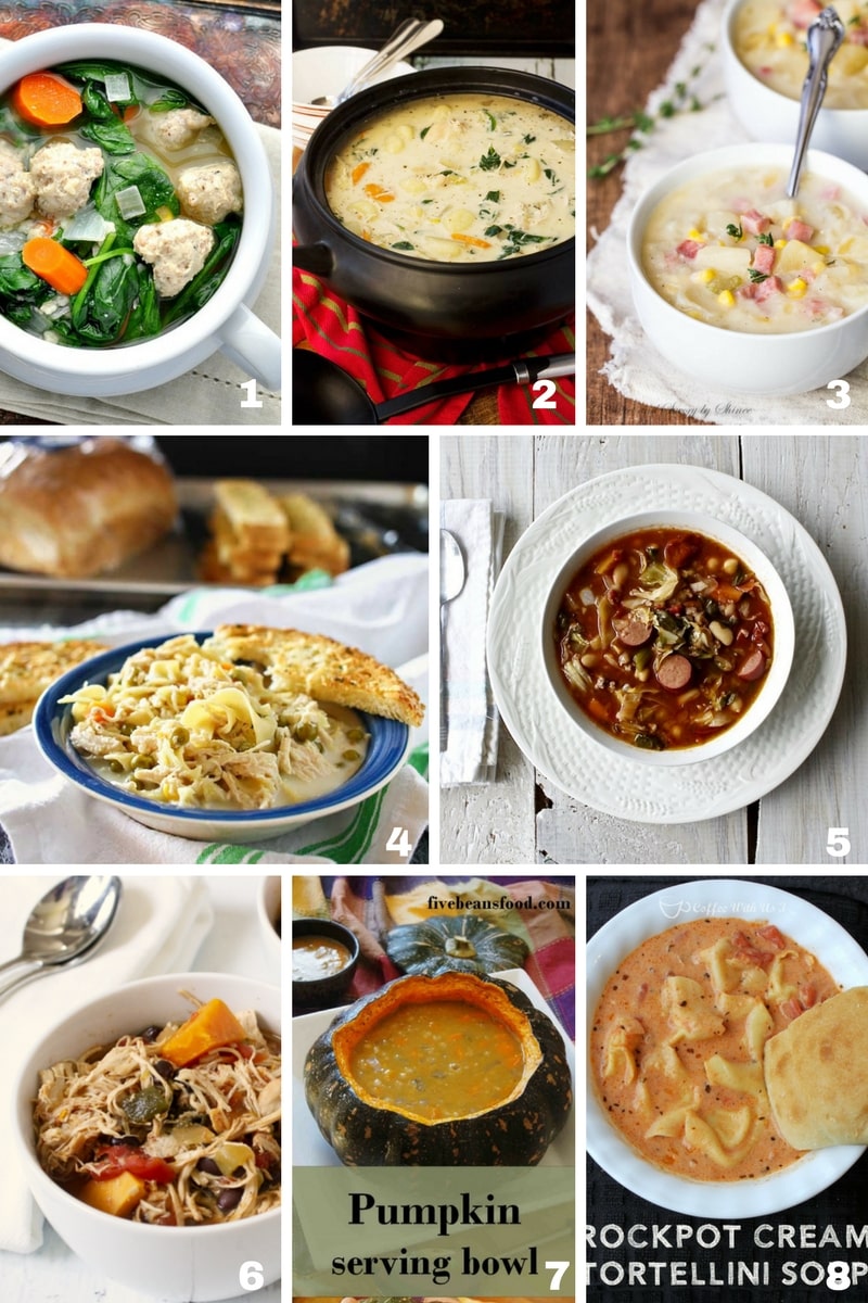 A collage image of 8 different types of hearty soups that can be made in the slow cooker. 