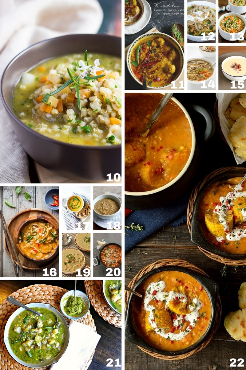 A collage image of the best hearty soups for winter, showing 13 different types of hearty vegetable soups.