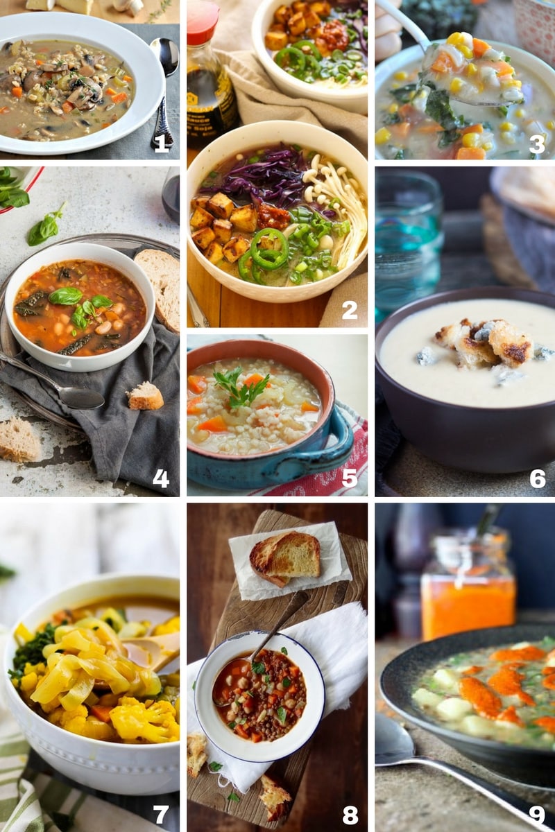 A collage image of 9 different types of hearty soups featuring vegetables. 