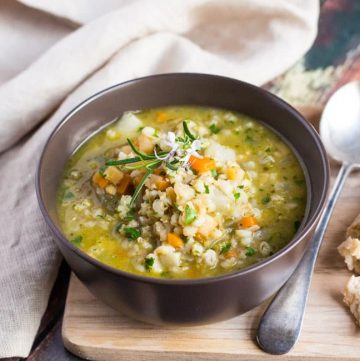Hearty Winter Vegetable Soup. Brimming with pearl barley & winter root vegetables.