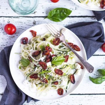 Thumbnail image of a white plate piled high with an easy zoodles recipe.