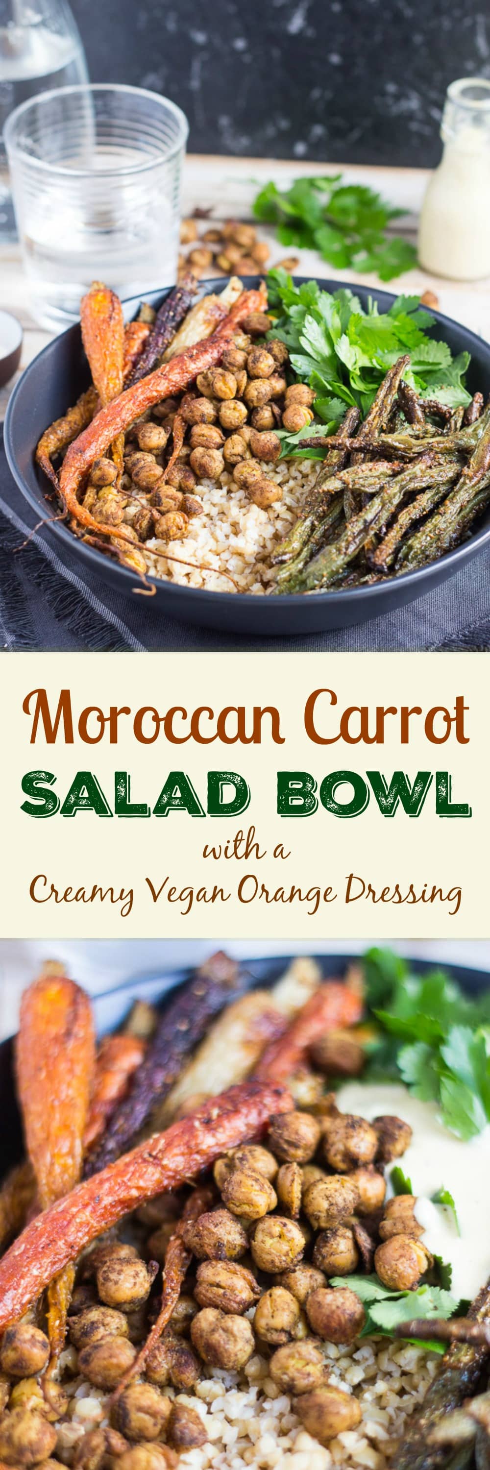 Moroccan Carrot Salad Bowl. Spiked with a creamy vegan orange dressing & crunchy spiced chickpeas for maximum flavour.