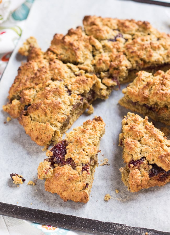 Oat & Buckwheat Jammy Scones.  Pre-loaded with jam, so all you need to add is cream.