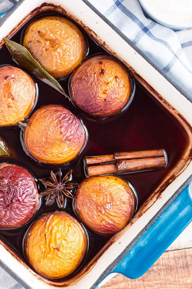 Oven Roasted Nectarines in Red Wine. The perfect make-ahead dessert for summer entertaining. 