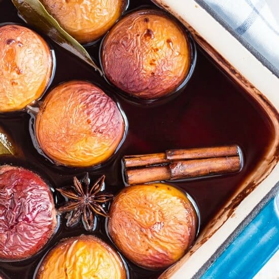 Oven Roasted Nectarines in Red Wine. The perfect make-ahead dessert for summer entertaining.