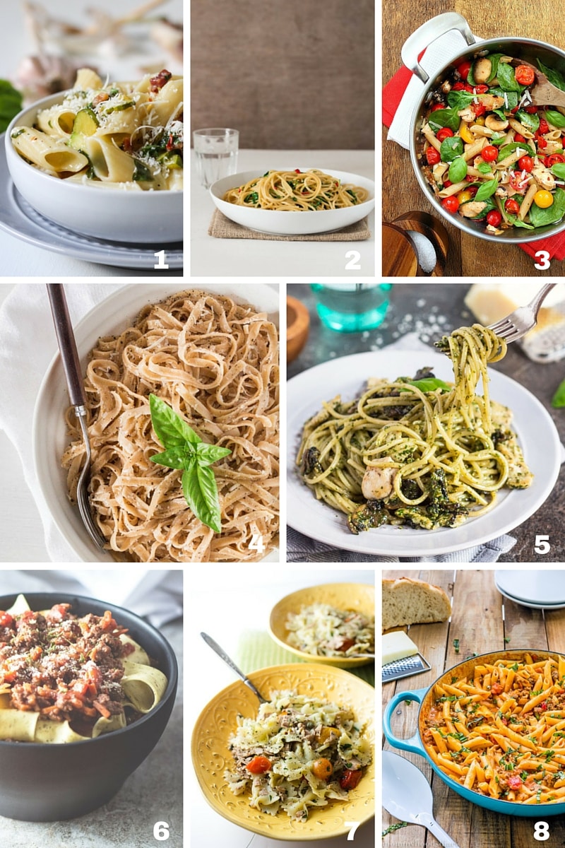 A collage of eight pasta healthy 30 Minute Meals for Busy Families. 