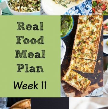 Real Food Meal Plan Week 11 2016. Includes sausage pasta, slow cooker apricot chicken, soup, dukkah-crusted fish, & moussaka.