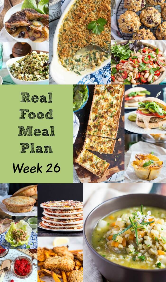 Real Food Meal Plan Week 26. Includes easy vegetable pizza, chicken tray bakes, easy baked salmon and stuffed quinoa bell peppers.