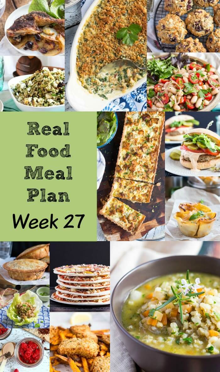Real Food Meal Plan Week 27. Includes chicken lettuce wraps, slow cooker Mississippi chuck roast, beetroot tarte tartin & beer battered cod. 